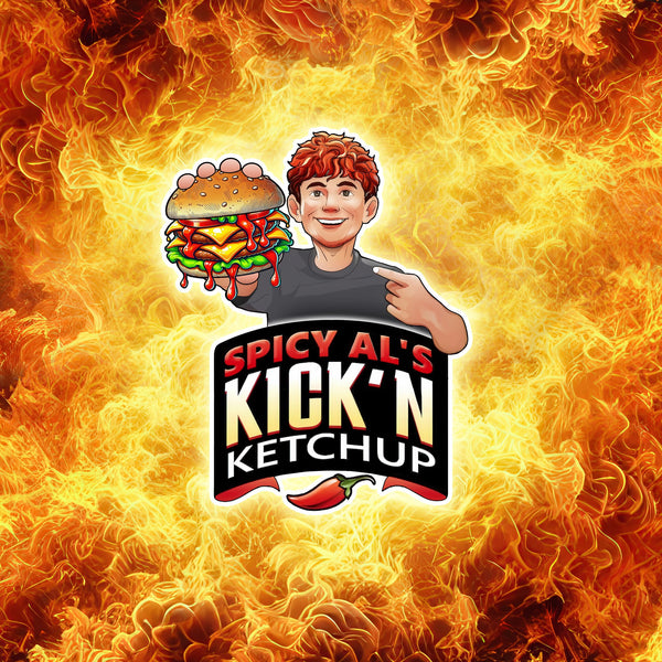 Character holding a burger with 'Spicy Al's Kick'n Ketchup' logo against a fiery background